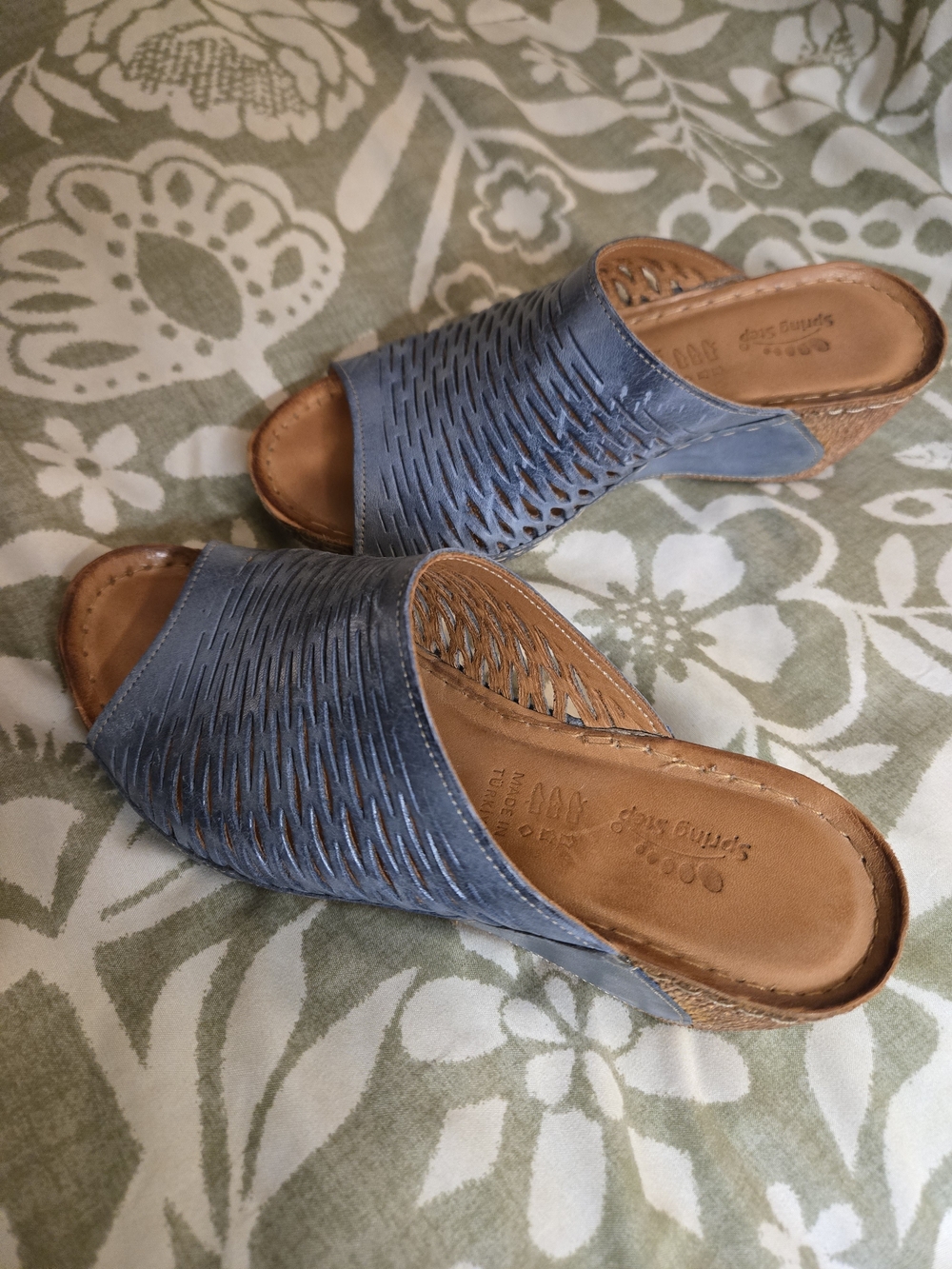 Spring Step Blue Woven Slide Wedge Mules